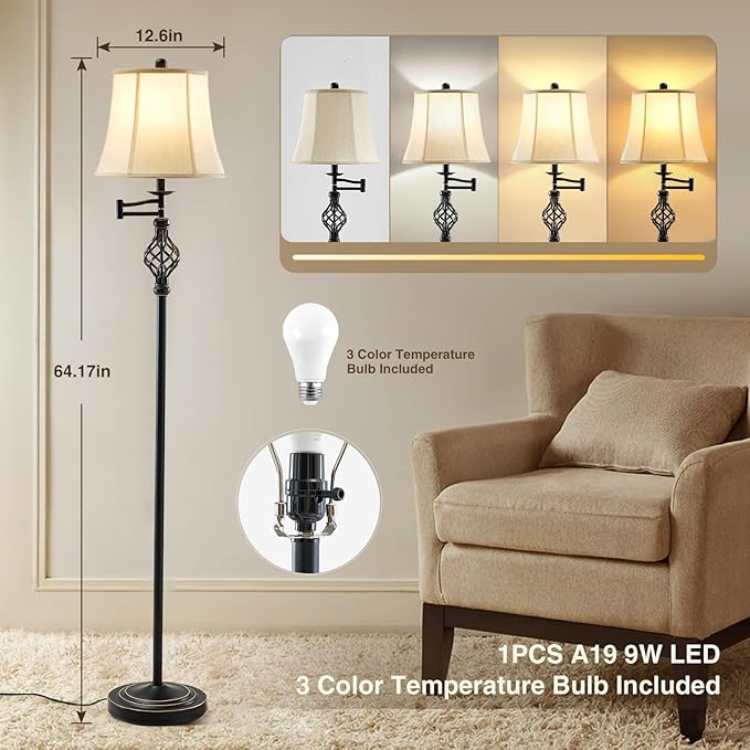 3 Color Temperature LED Floor lamp, Traditional 350° Adjustable Swing Arm Floor Lamp Vintage Pole lamp Farmhouse Lamp for Living Rooms & Offices, Rustic Standing Lamp for Bedroom Reading - LeafyLoom