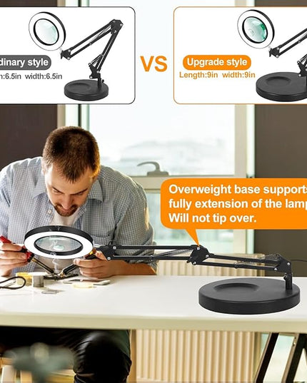 Magnifying Glass with Light and Stand,2-in-1 Lighted Magnifier Deskop lamp with Clamp,5X&10x Real Glass 3 Color Stepless Dimmable Magnifying Desk Lamp for Close Works Reading Crafts Hobby Soldering - LeafyLoom