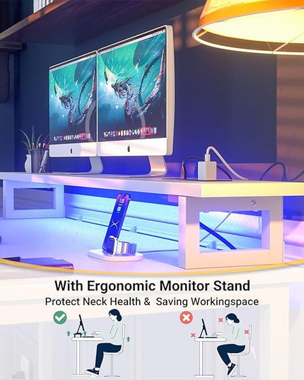 Computer Desk with USB Power Outlets and LED Lights, 55 inch Gaming desk with Monitor Stand for Small Space Home Office, Modern Simple Study Writing Table PC Desks, White - LeafyLoom
