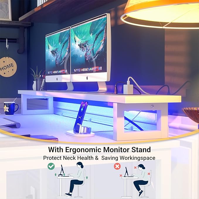 Computer Desk with USB Power Outlets and LED Lights, 55 inch Gaming desk with Monitor Stand for Small Space Home Office, Modern Simple Study Writing Table PC Desks, White - LeafyLoom