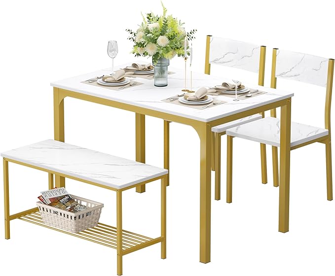 soges 4 Person Dining Table Set,43.3 inch Kitchen Table Set for 4,2 Chairs with Backrest,2-Person Bench with Storage Rack,Nesting Furniture Set for Dining Room and Restaurant, White Gold - LeafyLoom