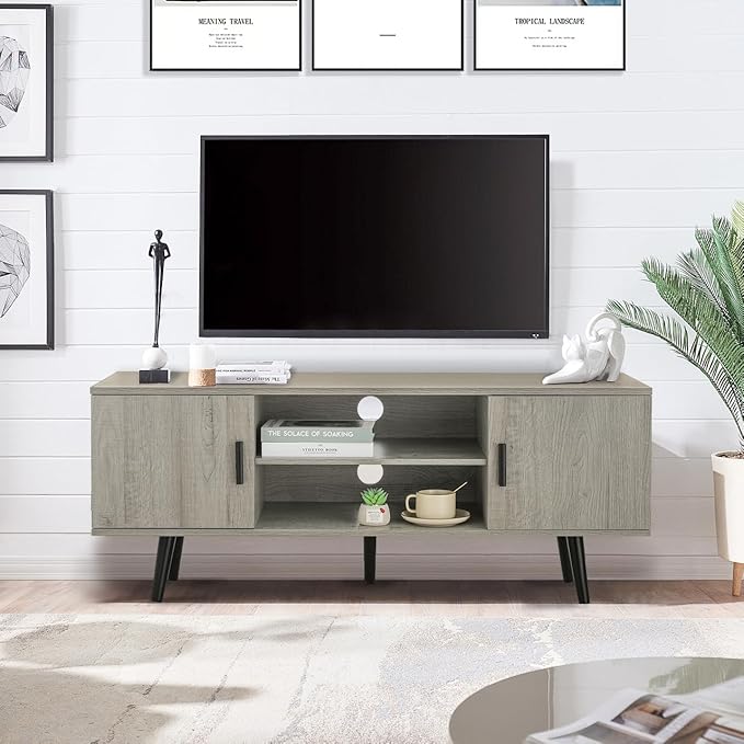 Iwell TV Stand for 55 inch TV, Entertainment Center with Storage and Open Shelf, TV Console, TV Stands for Living Room, Bedroom, Grey - LeafyLoom