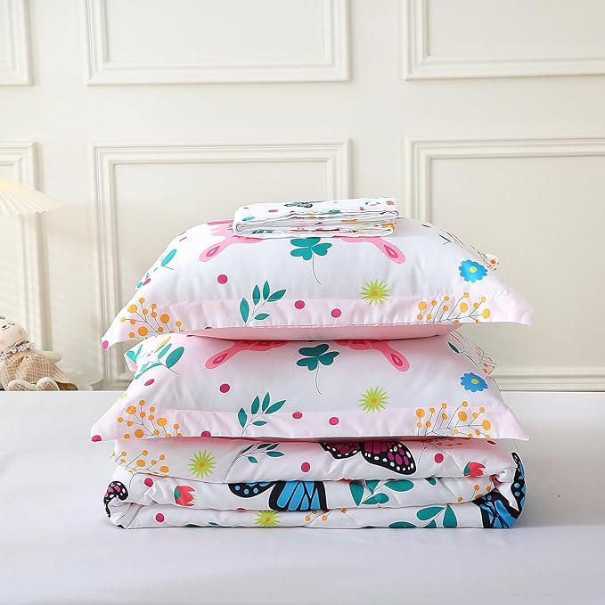 Girls Butterfly Comforter Set Queen Size 7 Piece Bed in A Bag Colorful Flowers Leaves Bedding Set for Kids Teens Super Soft All Season - LeafyLoom
