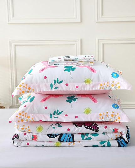 Girls Butterfly Comforter Set Queen Size 7 Piece Bed in A Bag Colorful Flowers Leaves Bedding Set for Kids Teens Super Soft All Season - LeafyLoom