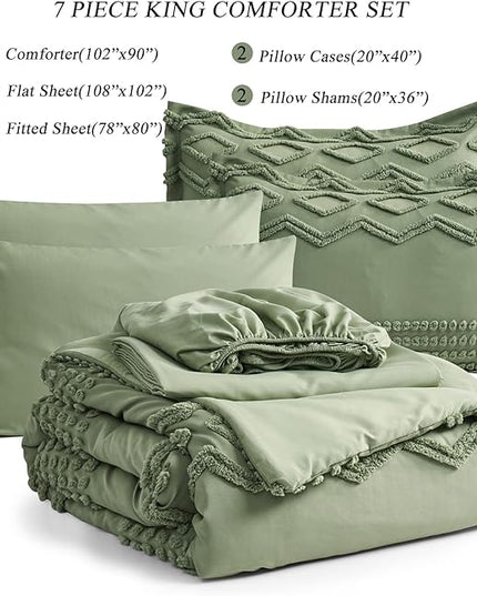 Sage Green Tufted Comforter Set King Size 7 Piece Bed in a Bag, Shabby Chic Boho Comforter and Sheet Set, Pom Pom Textured Bed Set, All Season Soft Microfiber Complete Bedding Set(Green,King) - LeafyLoom