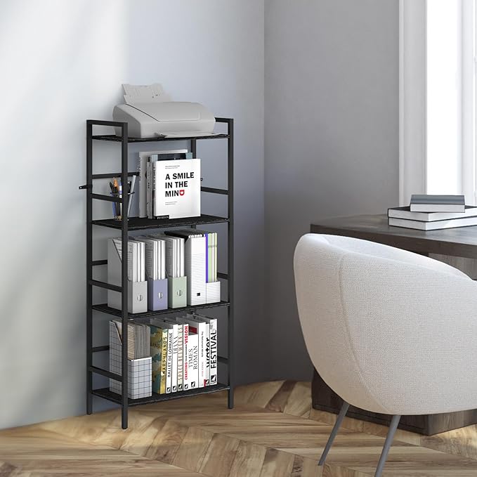 CADUKE Bookshelf with Storage Black Bookcase Shelf Industrial Wooden Bookshelves 4 Tier Office Book Shelf Organizers and Storage Etagere Shelves for Living Room Bedroom - LeafyLoom