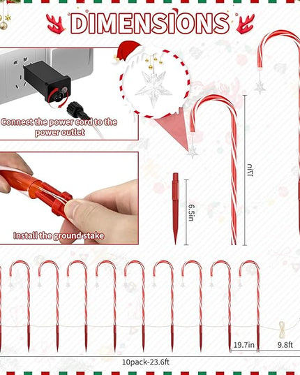 AOSEA Christmas Candy Cane Lights, Upgraded 80 Red LEDs Christmas Decorations Outdoor&Indoor, 10 Pack Waterproof Christmas Lights with 8 Lighting Modes for Pathway, Yard, Walkway, Lawn, Garden Decor AOSEA