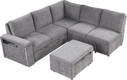 90.6'' L-shaped Modular Sectional Sofa with Storage Space, Ottoman and Pull-Out Bed, 6 Seat Upholstered Couch w/USB Ports & Cup Holders, for Living Rooms, Offices, Apartments, Gray, 90.6 Inch - LeafyLoom
