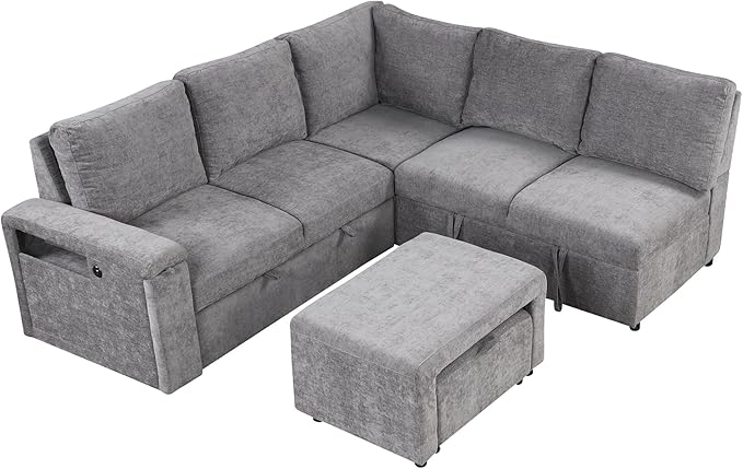 90.6'' L-shaped Modular Sectional Sofa with Storage Space, Ottoman and Pull-Out Bed, 6 Seat Upholstered Couch w/USB Ports & Cup Holders, for Living Rooms, Offices, Apartments, Gray, 90.6 Inch - LeafyLoom