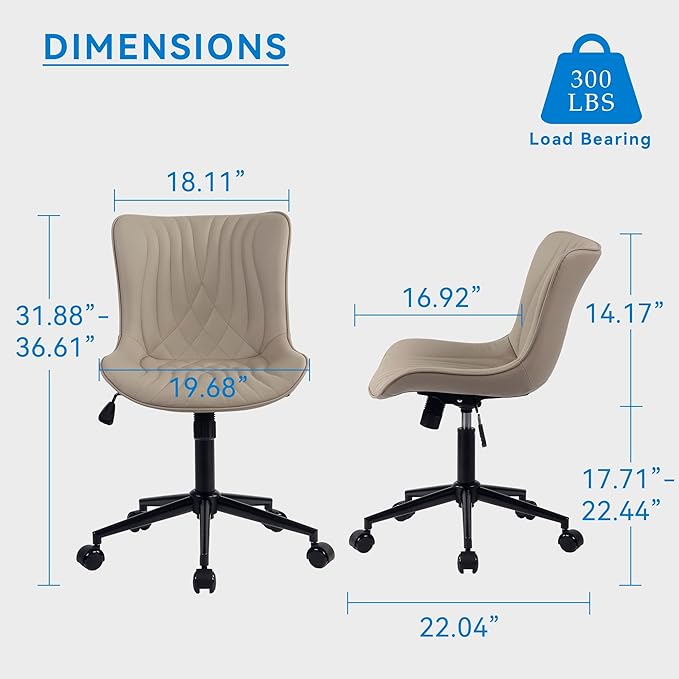 YOUNIKE Office Chair, Desk Chair with Wheels, Home Office Computer Task Chairs, Modern Faux Leather Padded Vanity Chair, Adjustable Swivel Armless Office Chairs with Back, Khaki - LeafyLoom
