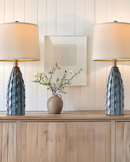 23.75" Modern Blue Ceramic Lamps Set of 2 for Living Room Study Room Office Dorm Farmhouse Nightstand, End Table Lamps - LeafyLoom