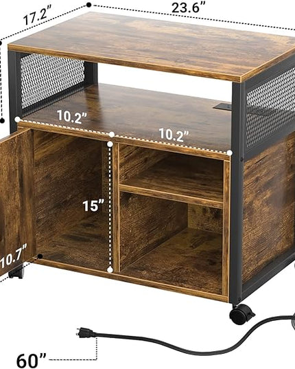 Unikito Lateral File Cabinet, Locking Office Filing Cabinets with Socket and USB Charging Port, Modern Rolling Printer Stand with Storage for A4, Letter Size and File Folders, Rustic Brown - LeafyLoom