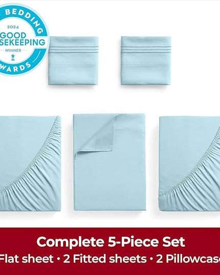 Mellanni Extra Deep Split King Sheets - 5 PC Iconic Collection Bedding Sheets & Pillowcases - Hotel Luxury, Ultra Soft, Cooling Bed Sheets - Extra Deep Pocket up to 21 inch (Split King, Aqua) - LeafyLoom
