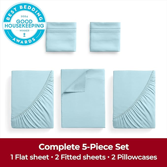 Mellanni Extra Deep Split King Sheets - 5 PC Iconic Collection Bedding Sheets & Pillowcases - Hotel Luxury, Ultra Soft, Cooling Bed Sheets - Extra Deep Pocket up to 21 inch (Split King, Aqua) - LeafyLoom