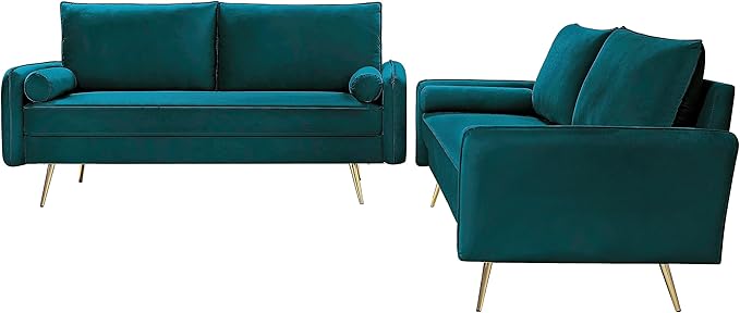 Kent Modern Sofa, European Style Velvet Living Room Furniture with Tapered Legs, Vintage Flair, and Sleek Design, Greenish Blue - LeafyLoom