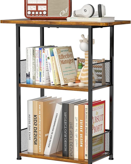 Small Bookshelf 3 Tier Small Table - Office Shelf Rustic Industrial Bookshelf, Wood and Metal Storage Shelf Stand Organizer Tall Table for Living Room, Bedroom, Office - LeafyLoom