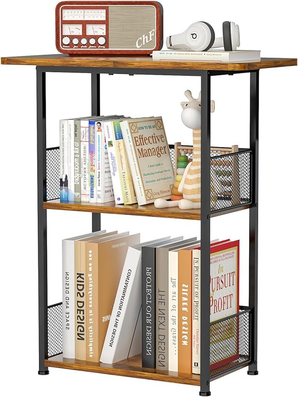 Small Bookshelf 3 Tier Small Table - Office Shelf Rustic Industrial Bookshelf, Wood and Metal Storage Shelf Stand Organizer Tall Table for Living Room, Bedroom, Office - LeafyLoom