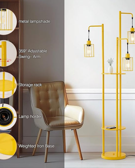Dimmable floor lamp with tray，Industrial Farmhouse Floor Lamp adjustable Angle，3 Light Rustic Standing Tall Lamp for living room, bedroom and office （bulbs included） - LeafyLoom