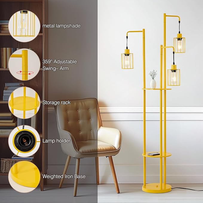 Dimmable floor lamp with tray，Industrial Farmhouse Floor Lamp adjustable Angle，3 Light Rustic Standing Tall Lamp for living room, bedroom and office （bulbs included） - LeafyLoom