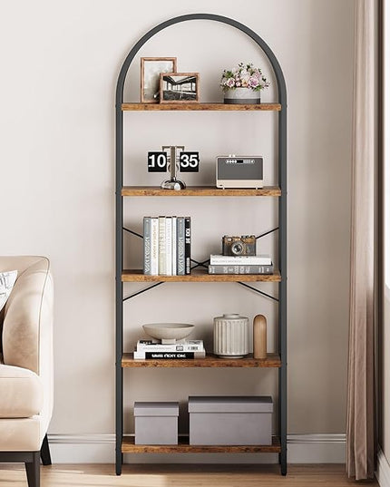 IDEALHOUSE Bookshelf 5 Tier Bookcase Arched Display Racks Tall Standing Bookshelves Metal Frame Rustic Storage Rack Shelf Brown Book Shelf for Bedroom, Living Room, Home Office, Rustic Brown - LeafyLoom