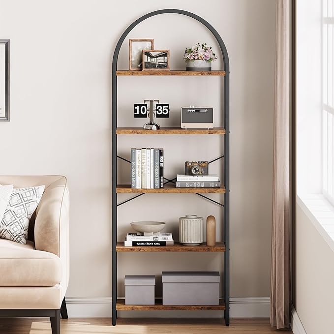 GAOMON 5 Tier Bookshelf Arched Bookcase Modern Standing Bookshelves Tall Display Racks Metal Book Shelf for Bedroom, Living Room, Home Office - LeafyLoom