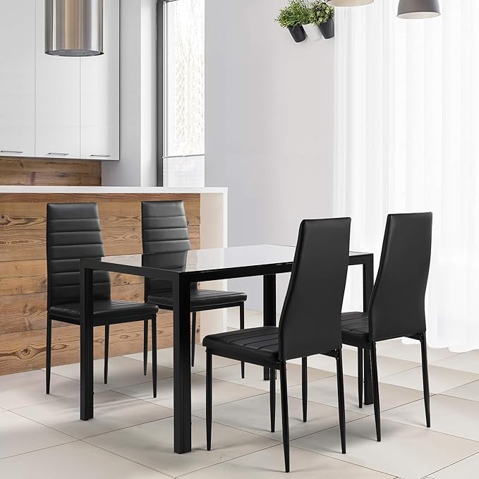 NicBex Small Dining Table Set for 4 Kitchen Table Set 5 Pieces Dining Table Set Kitchen Room Tempered Glass Dining Table with 4 Faux Leather Chairs for Small Space, Black - LeafyLoom