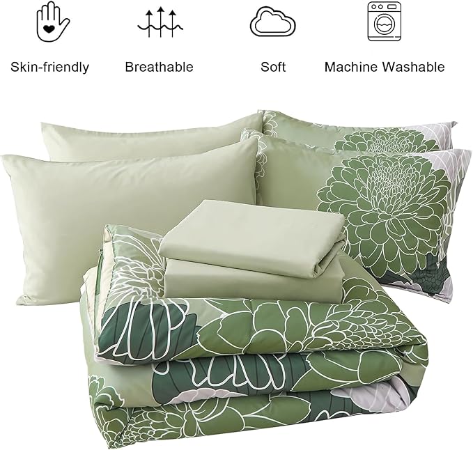Yiran 7 Pieces Bed in a Bag Green Comforter Set Queen Floral Comforter Soft Microfiber Bedding Set with 1 Comforter 1 Flat Sheet 1 Fitted Sheet 2 Pillowshams and 2 Pillowcases - LeafyLoom