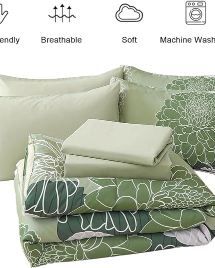 Yiran Bed in a Bag Green Comforter 7 Pieces Floral Bedding Set Soft Microfiber King Comforter Sets with 1 Comforter 1 Flat Sheet 1 Fitted Sheet 2 Pillowshams and 2 Pillowcases - LeafyLoom