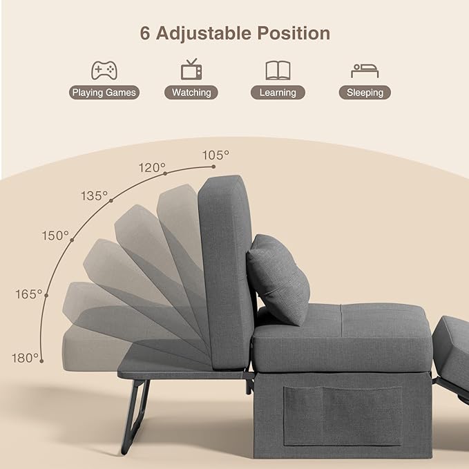 Sleeper Chair Bed, 4 in 1 Convertible Chair Bed Sofa Bed, Assembly-Free Sofa Chair Bed with Adjustable Backrest and Pillow, Modern Breathable Linen Fabric for Living Room Apartment Office, Dark Grey - LeafyLoom