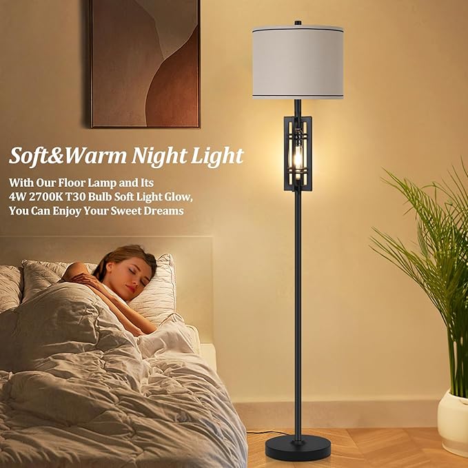 Farmhouse Floor Lamp with Night Light, Black Standing Lamp for Living Room, 2 E26 LED Bulbs Included, Industrial Floor Reading Lamp with Beige Fabric Lampshade, 64” Tall Lamp for Bedroom Office Corner - LeafyLoom