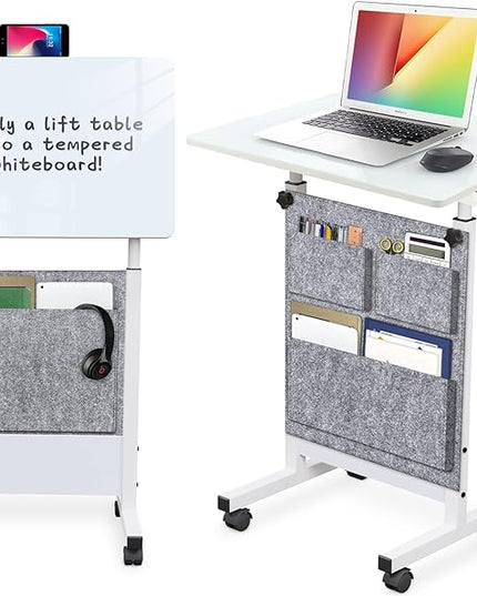 Adjustable Height Standing Desk, Writable Tempered Glass Desktop with Eraser, 360° Flip, Wheels and Bag– Ideal for Small Spaces and Home Offices, 24 in, White(Adjustable Height: 32-47 in) - LeafyLoom