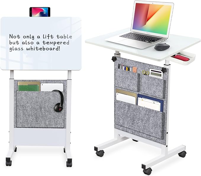 Adjustable Height Standing Desk, Writable Tempered Glass Desktop with Eraser, 360° Flip, Wheels and Bag– Ideal for Small Spaces and Home Offices, 24 in, White(Adjustable Height: 32-47 in) - LeafyLoom