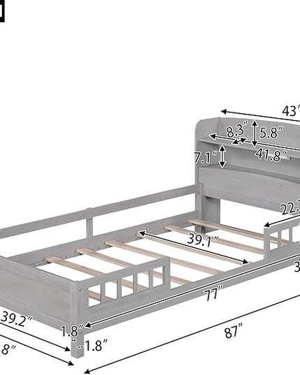 Twin Size Platform Bed with Built-in LED Light,Multi-functional Wood Beds Frame,w/ 2 Storage Shelves Headboard and Guardrail,for Apartment,Bedroom,Living Room,Antique Grey - LeafyLoom