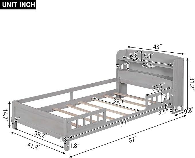 Twin Size Platform Bed with Built-in LED Light,Multi-functional Wood Beds Frame,w/ 2 Storage Shelves Headboard and Guardrail,for Apartment,Bedroom,Living Room,Antique Grey - LeafyLoom