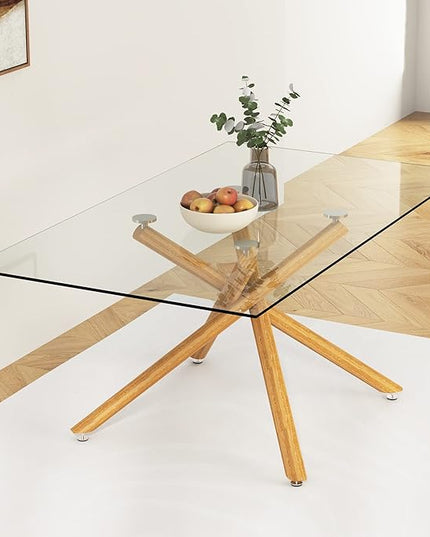 NicBex Large Modern Minimalist Rectangular Glass Dining Table for 6-8 with 0.39" Tempered Glass Tabletop and Wood Color Metal Legs, for Kitchen Dining Living Meeting Room Banquet Hall, Wood - LeafyLoom