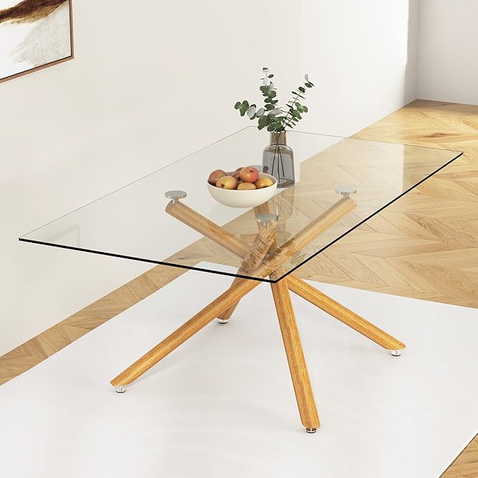 NicBex Large Modern Minimalist Rectangular Glass Dining Table for 6-8 with 0.39" Tempered Glass Tabletop and Wood Color Metal Legs, for Kitchen Dining Living Meeting Room Banquet Hall, Wood - LeafyLoom