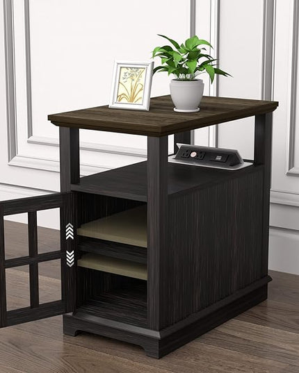 HIFYOBRO End Table with Hidden Charging Station, Narrow Side Table with Storage, Nightstand for Small Spaces with USB Ports & Power Outlets - LeafyLoom