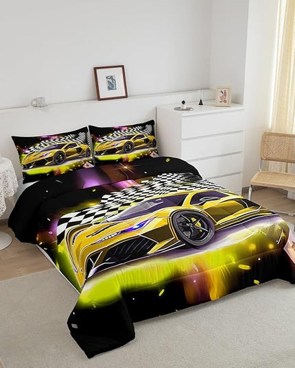 Yellow Sports Car Comforter Sets Full Size, Boys Race Car Bedding for Teens Girls Adult Extreme Speed Race Car Duvet Sets Black and White Grids Print Car Theme Bedroom Decor Quilts - LeafyLoom