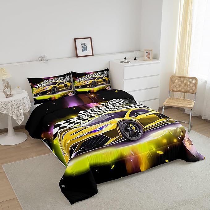 Yellow Sports Car Comforter Sets Full Size, Boys Race Car Bedding for Teens Girls Adult Extreme Speed Race Car Duvet Sets Black and White Grids Print Car Theme Bedroom Decor Quilts - LeafyLoom