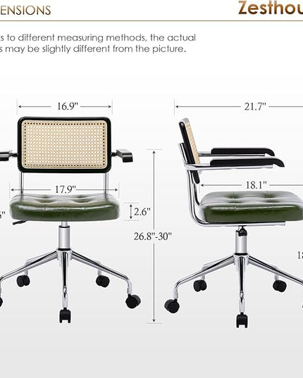 Zesthouse Modern Home Office Chair Leather Desk Chair with Rattan Back, Vanity Chair for Girls Women, Upholstered Tufted Swivel Armchair for Bedroom, Height Adjustable Computer Task Chair - LeafyLoom