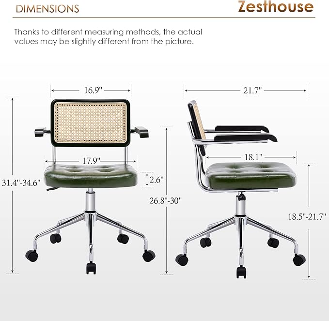 Zesthouse Modern Home Office Chair Leather Desk Chair with Rattan Back, Vanity Chair for Girls Women, Upholstered Tufted Swivel Armchair for Bedroom, Height Adjustable Computer Task Chair - LeafyLoom