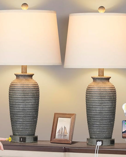 25" Farmhouse Jar Table Lamps Set of 2, 3 Way Touch Control Rustic Bedside Lamps with USB A+C Ports & AC Outlet, Pot Nightstand Lamps for Bedroom Living Room (LED Bulbs Included) - LeafyLoom