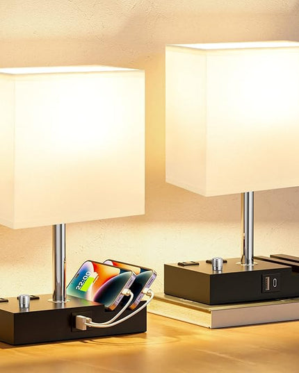 Fully Dimmable Bedside Lamps for Bedroom with USB C Ports, Kakanuo White USB Table Lamp Set of 2, Wooden Desk Lamp with 2 Charging Outlets and Phone Stand for Nightstand and Living Room, Bulb Included - LeafyLoom
