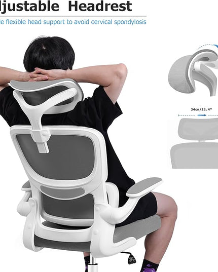 Ergonomic Office Chair, High Back Mesh Desk Chair with Lumbar Support and Adjustable Headrest, Computer Gaming Chair with Flip-up Armrests, Executive Swivel Chair for Home Office (LightGray) - LeafyLoom