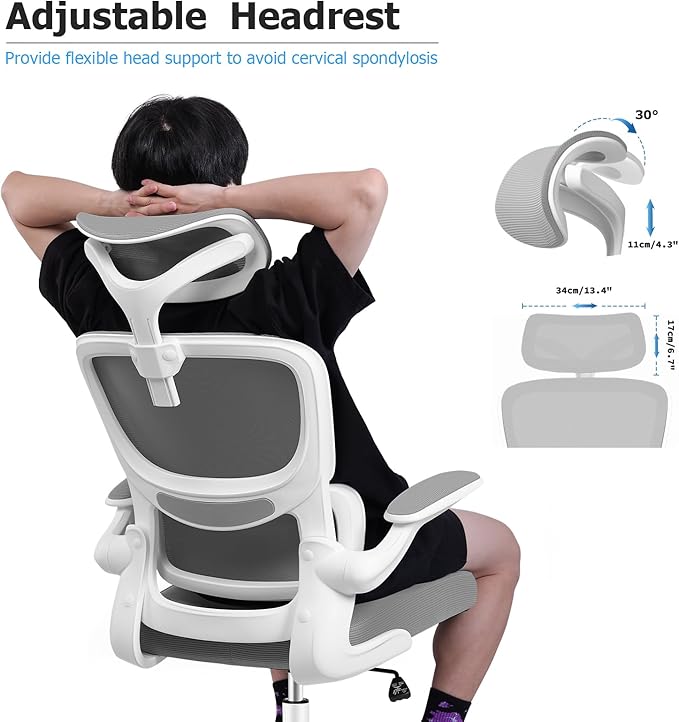 Ergonomic Office Chair, High Back Mesh Desk Chair with Lumbar Support and Adjustable Headrest, Computer Gaming Chair with Flip-up Armrests, Executive Swivel Chair for Home Office (LightGray) - LeafyLoom