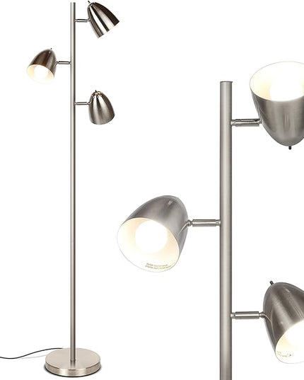 Brightech Jacob LED Standing Lamp, Modern Bright Floor Lamps for Living Rooms & Bedrooms, Tall LED Lighting Lamp with Adjustable 3 Light Tree – Satin Nickel - LeafyLoom