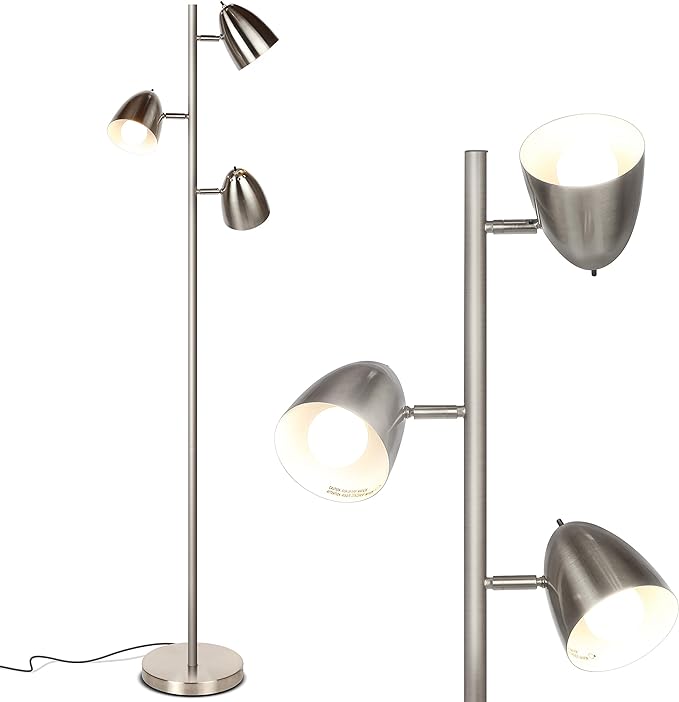 Brightech Jacob LED Standing Lamp, Modern Bright Floor Lamps for Living Rooms & Bedrooms, Tall LED Lighting Lamp with Adjustable 3 Light Tree – Satin Nickel - LeafyLoom