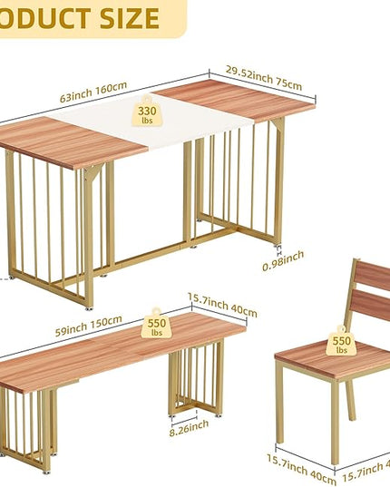DWVO 6-Piece Dining Table Set for 6-8 People, 63" Kitchen Table Set with a Bench and 4 Chairs, Modern Rectangular Dining Room Table Set for Kitchen, Dining Room - LeafyLoom