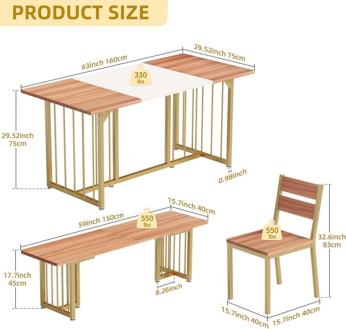 DWVO 6-Piece Dining Table Set for 6-8 People, 63" Kitchen Table Set with a Bench and 4 Chairs, Modern Rectangular Dining Room Table Set for Kitchen, Dining Room - LeafyLoom