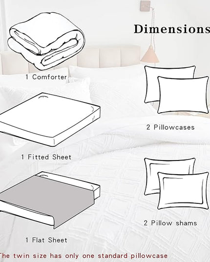 7 Pieces Tufted Bed in a Bag King Comforter Set with Sheets White, Soft and Embroidery Shabby Chic Boho Bohemian, Luxury Solid Color with Diamond Pattern, Jacquard Tufts Bedding Set for All Season - LeafyLoom